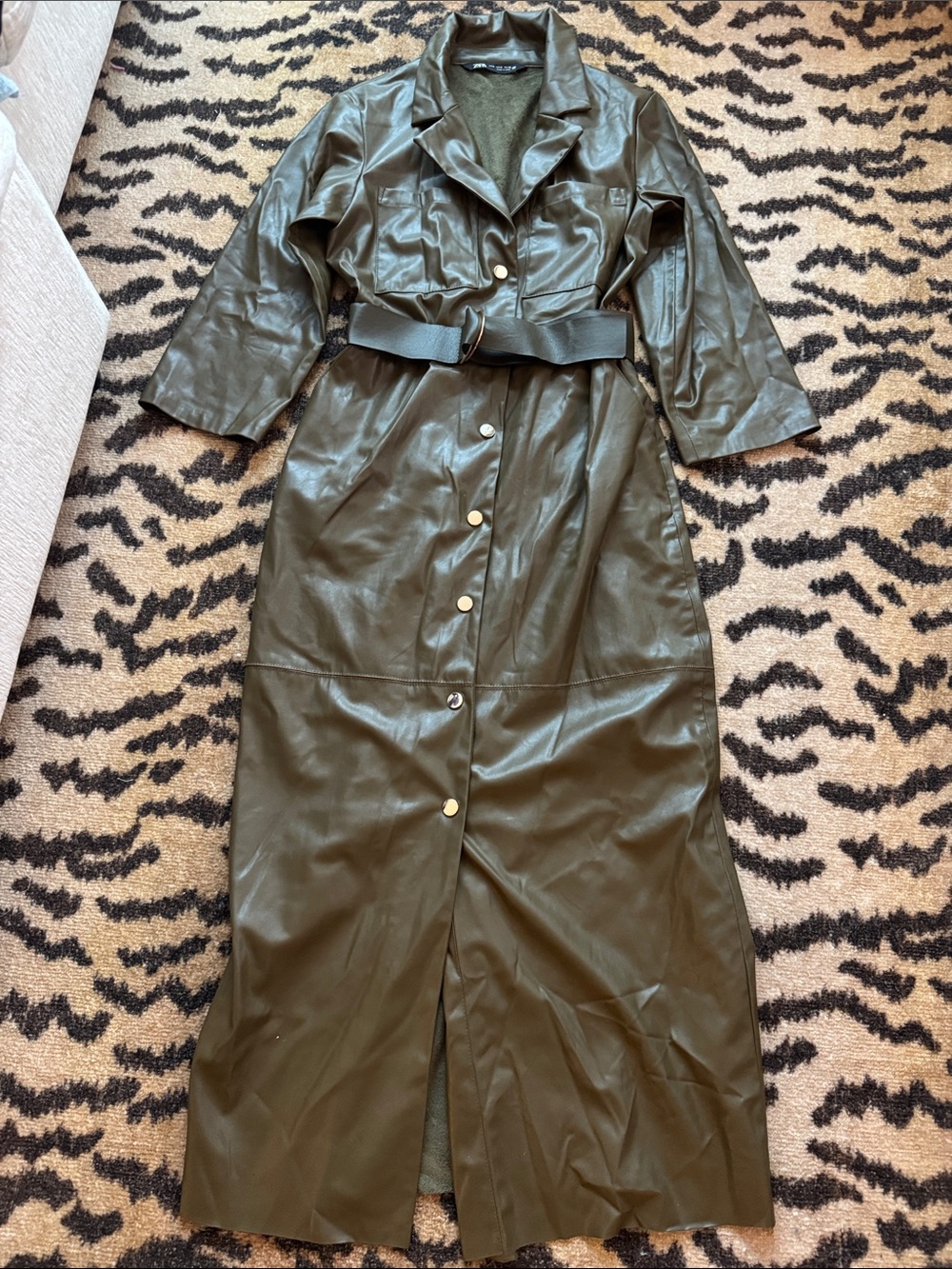 Zara Olive Green Faux Leather Maxi Shirt Dress with Belt
